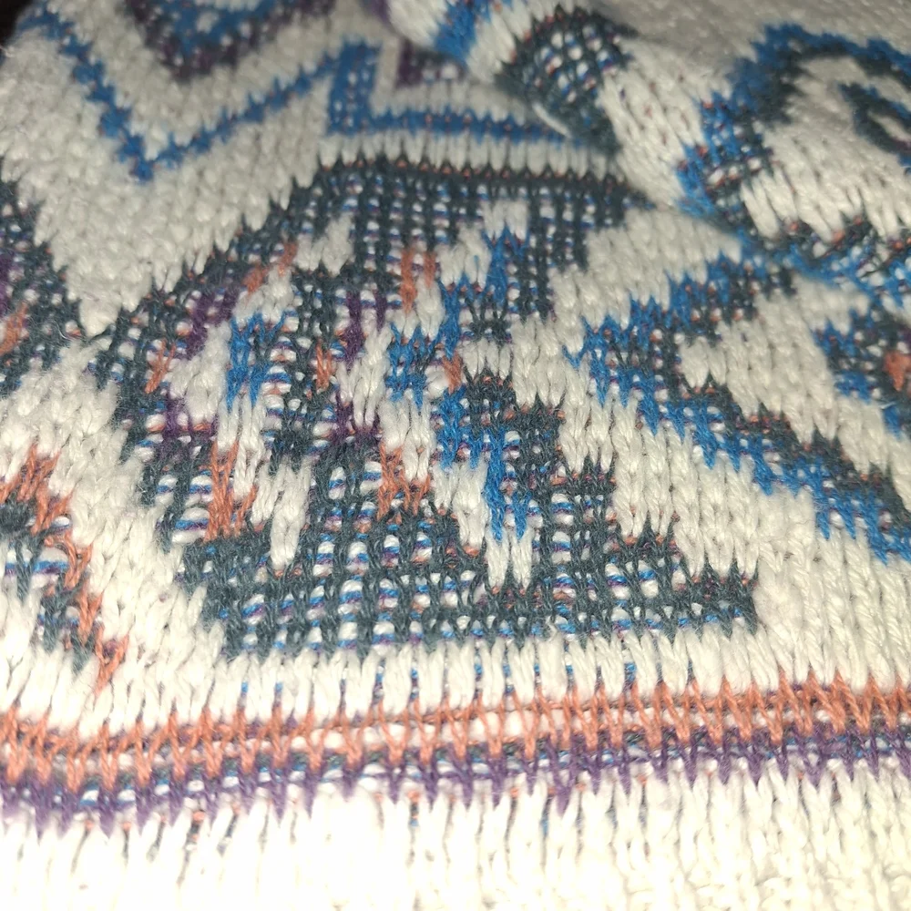 Vintage Woolrich Cream Crewneck Sweater with Teal, Navy & Brown Aztec Pattern